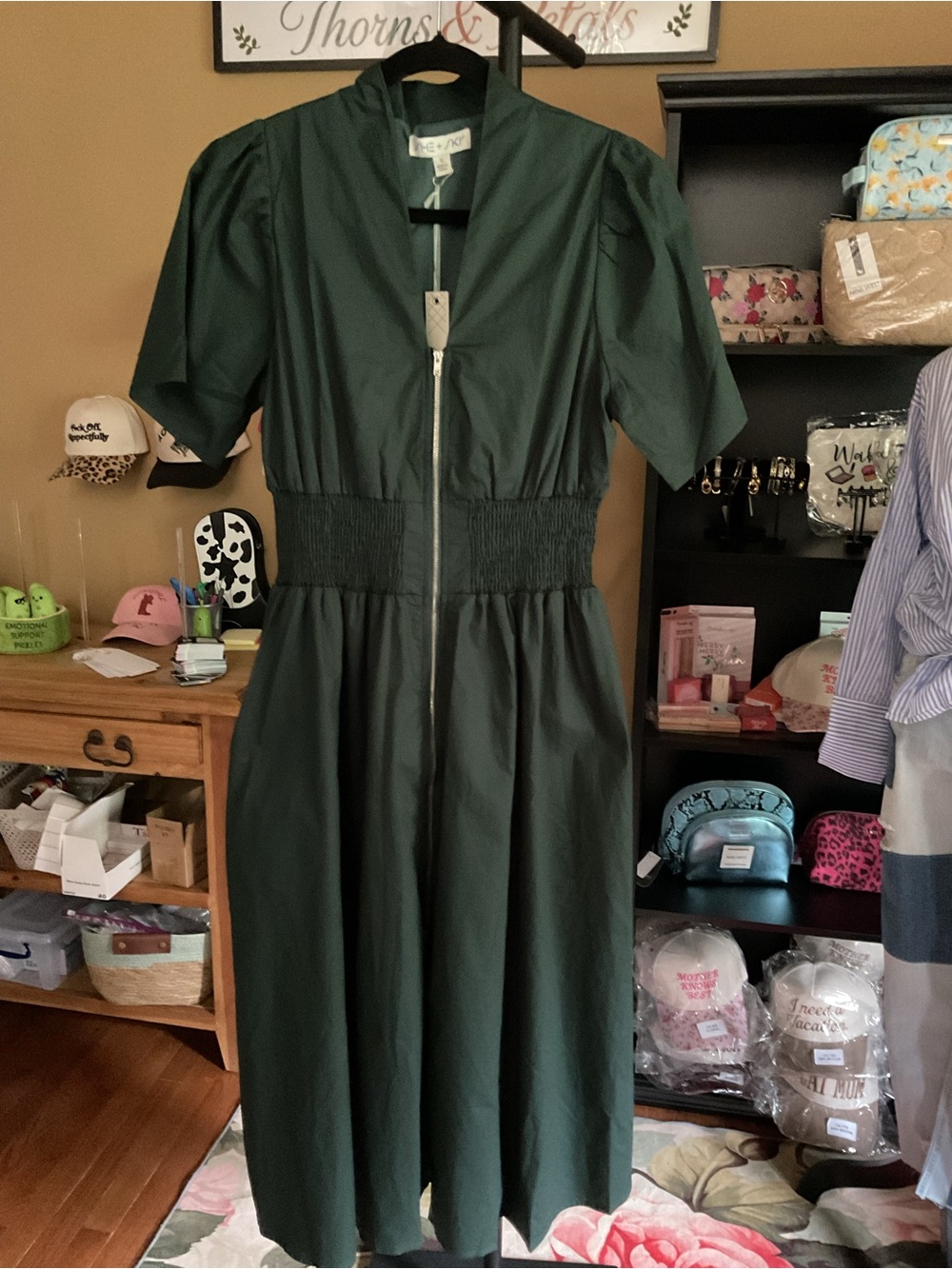 She + Sky Dark Green Zip-Front Midi Dress